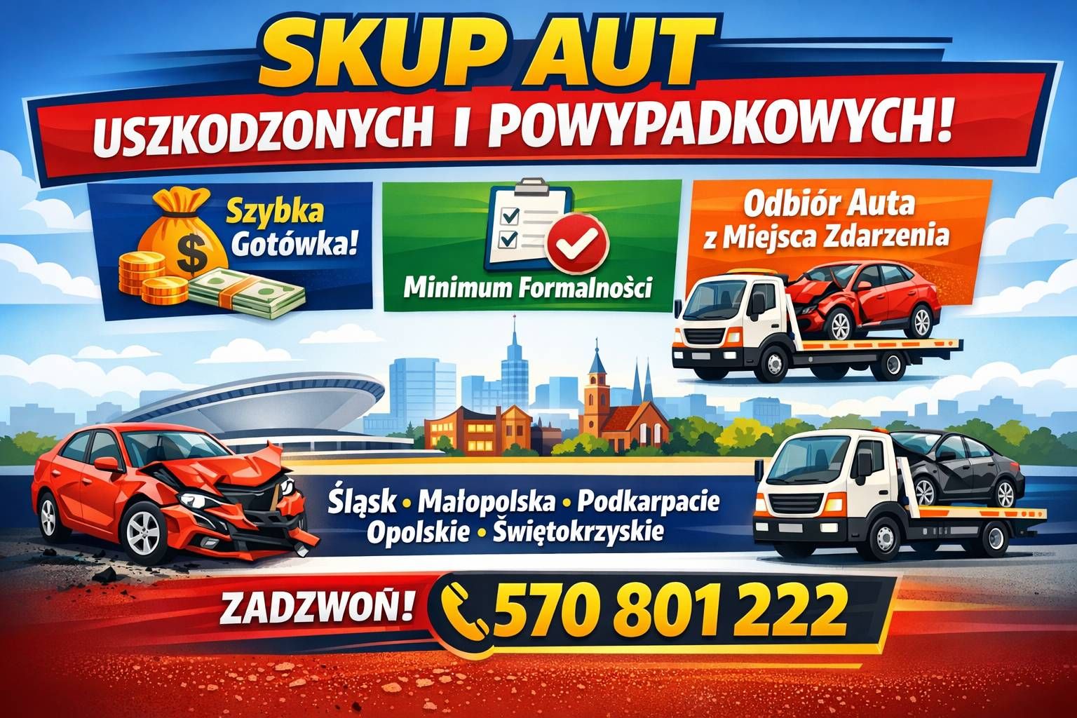 Skup samochodów powypadkowych, uszkodzonych | Odbiór lawetą Polska południowa - Zdjęcie 1
