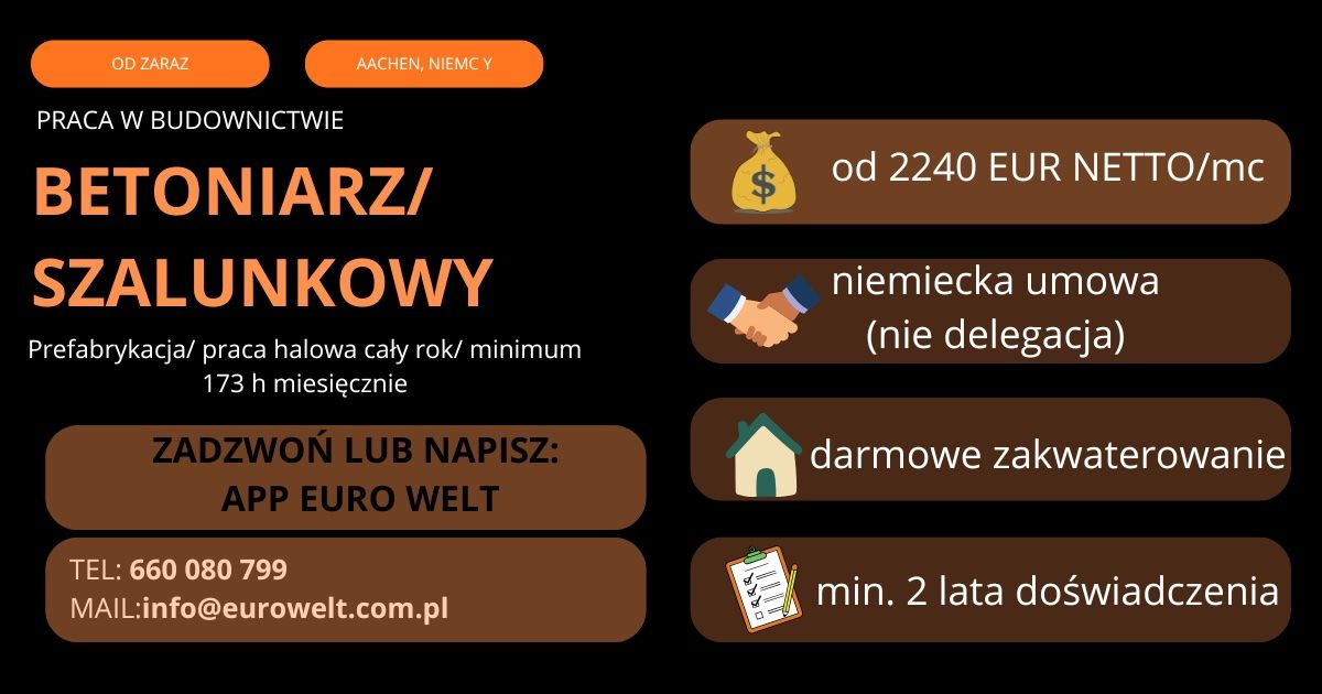 Niemcy/Betoniarz/Od 2250 EUR netto/Od Zaraz 42-700 Lubliniec - Zdjęcie 1
